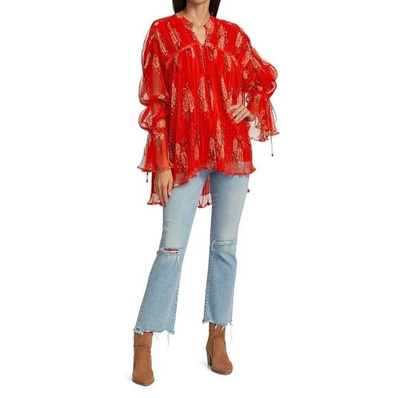 Free People Womens Dahlia Tunic Sz XS Red Floral Pop Combo Bell Sleeve NWT - Picture 9 of 10